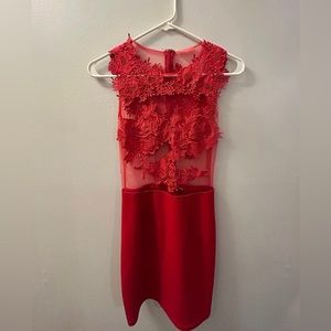 Red Mini Dress with Mesh & Floral Appliqués from BANJUL